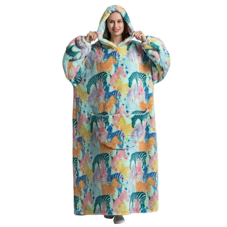 

Womens Oversized Hoodie Blanket Fluffy Fleece Long Robes Cartoon Printed Blanket with Front Pocket Winter Pajama Robes Nightwear