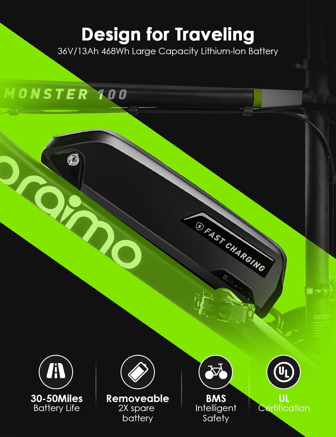 Oraimo Electric Bike, Adult Electric Bicycles, 26" Mountain ebike with 350W Bafang Motor, 3 Hours Fast Charge with 36V 13Ah Removable Battery, Shimano 21 Speed, Air Saddle