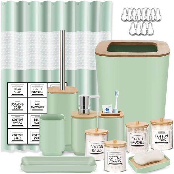 Imavo Juego de baño verde de 24 piezas, juego de accesorios de baño con bandeja para cortina de ducha, bote de basura, dispensador de jabón, jabonera, soporte para cepillo de dientes, vaso para cepill