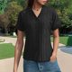 thumbnail image 2 of Camisa de punto jacquard holgada con cuello en V para mujer: manga corta, detalle de cordones, informal de verano, fácil de cuidar, 2 of 7
