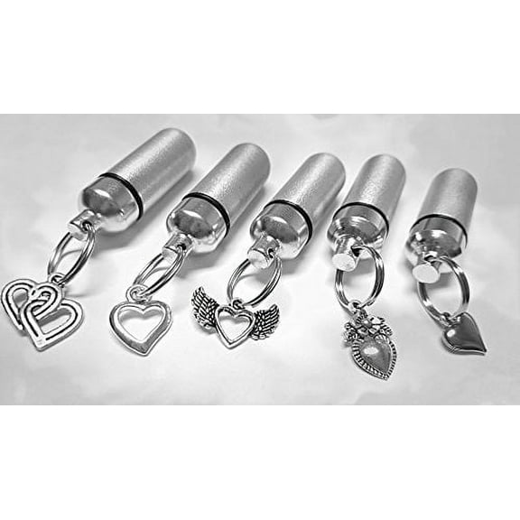 NEW Set of FIVE Beautiful Brushed Silver ENGRAVED CREMATION URN Keepsakes - Assortment of HEARTS - Includes 5 Velvet Pouches, Ball-Chains & Fill Kit