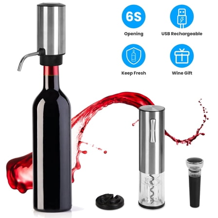 Moclever 4 in 1 Electric Wine Opener Set, Rechargeable Wine Aerator, Bottle Opener, Foil Cutter, Vacuum Stopper, Gifts for Men Women, Silver
