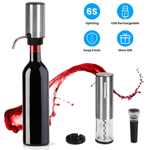 Moclever 4 in 1 Electric Wine Opener Set, Rechargeable Wine Aerator, Bottle Opener, Foil Cutter, Vacuum Stopper, Gifts for Men Women, Silver