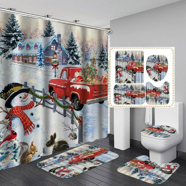 4Pcs Merry Christmas Shower Curtain Sets with 12 Hooks,Bathroom