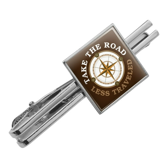 Take The Road Less Traveled Compass Square Tie Bar Clip Clasp Tack- Silver or Gold