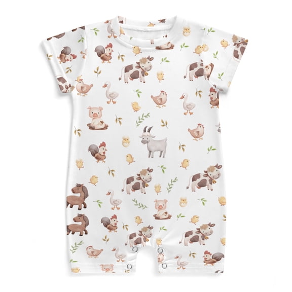 Farm Animals Baby Boy Girl Romper Chicken Duck Horse Sheep Pig Cow Leaves Short Sleeve Crewneck Jumpsuit One Piece Infant Summer Outfit