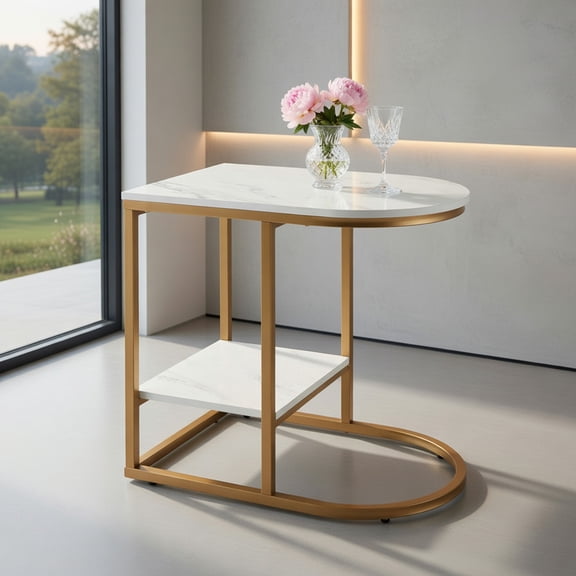Resenkos Nightstand,Coffee Side Table,C-shaped Side Table with Faux Marble Tabletop and Golden Steel Frame-White
