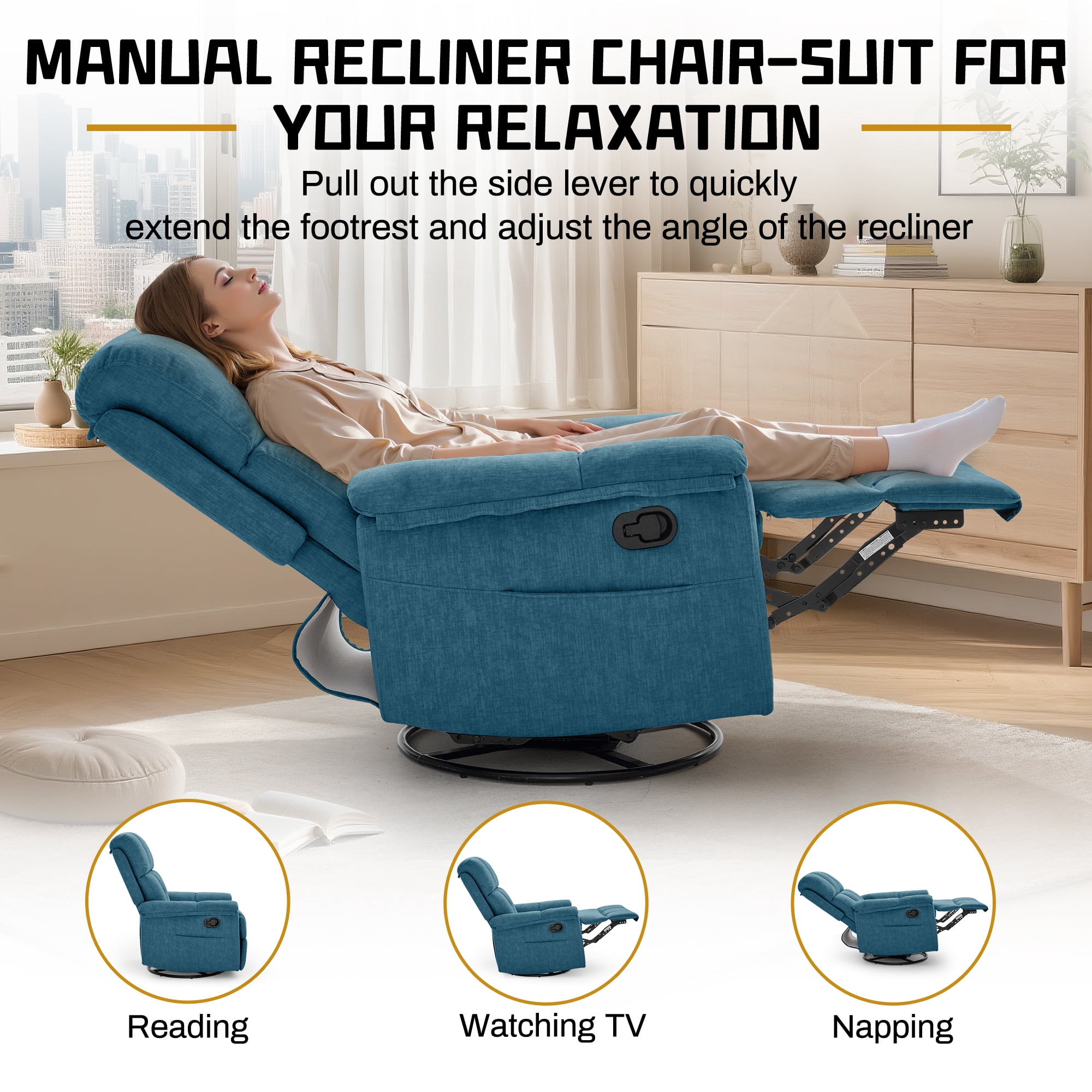 Korser 360°Swivel Recliner Chair for Adults with Side Pockets,Small Rocking Recliner for Small Spaces for Living Room,Nursery,Blue