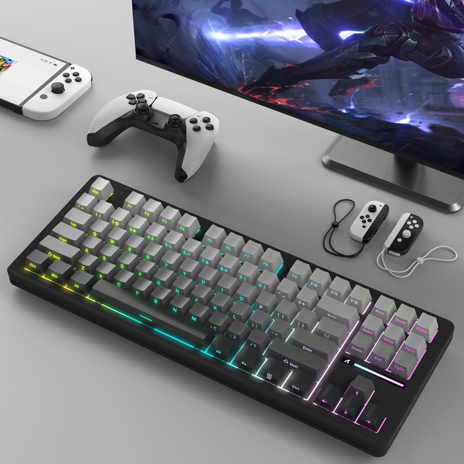 ATTACK SHARK M87PRO TKL Wireless Mechanical Gaming Keyboard, BT5.0/2.4G/USB-C Wired Hot Swap RGB Keyboard 80% US Layout, Linear White Switches Gradient Side Print PBT Keycap for PC Mac