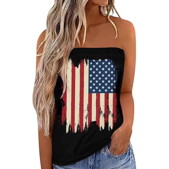 JWD Women's Floral Tube Tops Casual Summer Backless Strapless Top Sleeveless Bandeau Tanks Shirt Black Retro Flag L