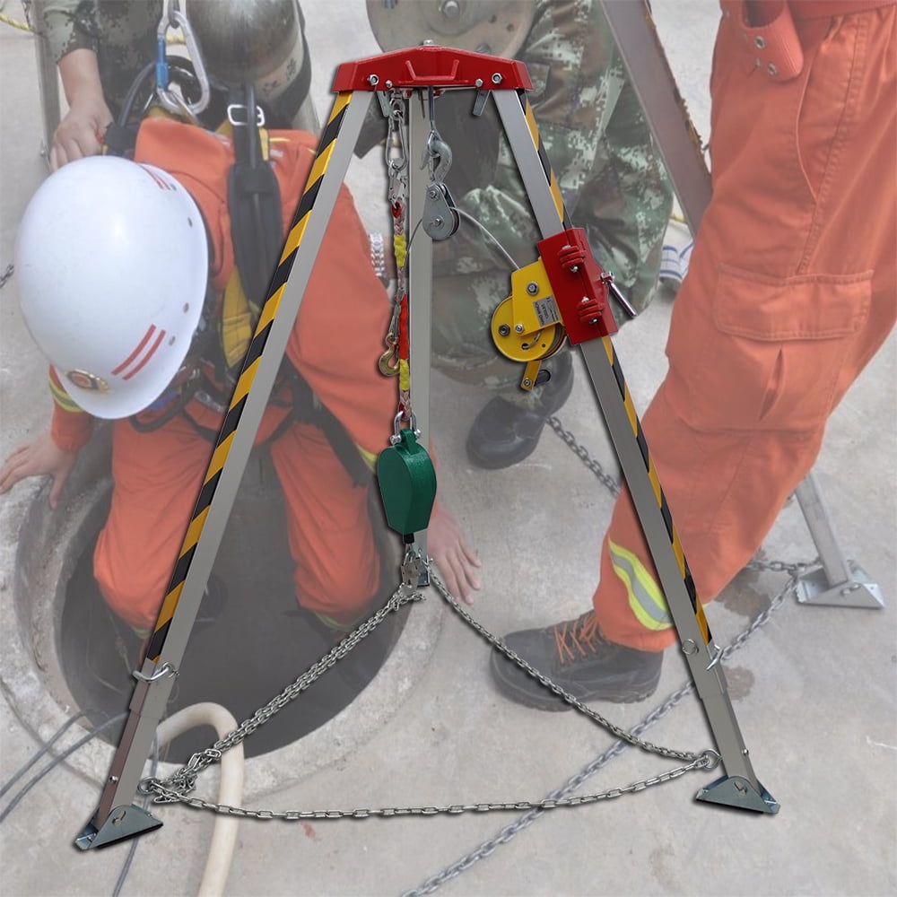 Confined Space Tripod Kit Emergency Rescue Tripod with 1200lb Winch & 32.8ft Anti-fall Device & 65ft Wire Rope