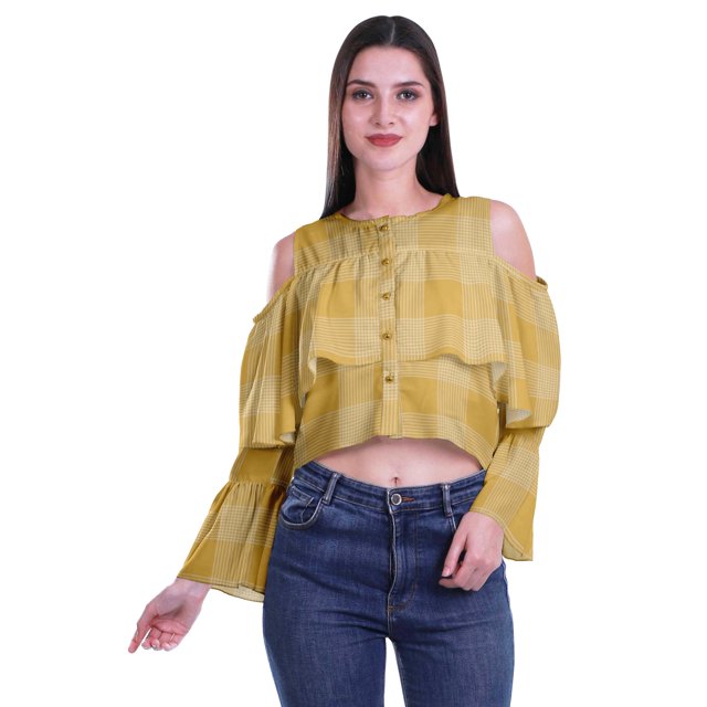 Moomaya Printed Casual Long Sleeve Tops Women Cold Shoulder Ruffle Sleeves Top