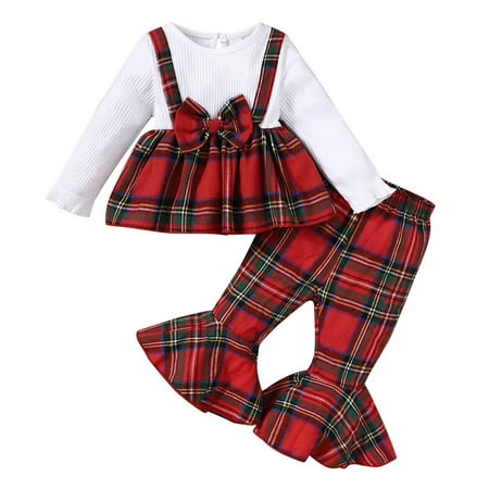 

Youmylove Infant Girls Child Long Sleeve Lattice Printed Bow Tie Tops Skirts Flared Pants Outifits For Winter Cute Clothing