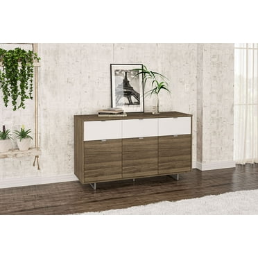 Polifurniture Montana 54 in. Sideboard with 3 Doors and 3 Drawers, Walnut & White