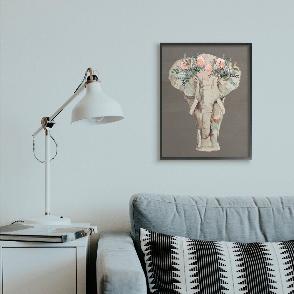 Stupell Industries Elephant Floral Crown Pink Green Elegant Flower Print Framed Wall Art Design by Jennifer Goldberger, 24" x 30", Black Framed