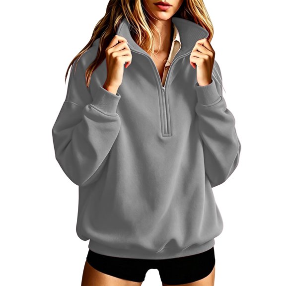 Atogsazn Women's Half Zip Collared Cropped Sweatshirt Long Sleeve Fleece Sweater Fall Winter Tops Outerwear Gray XXXL Fashion