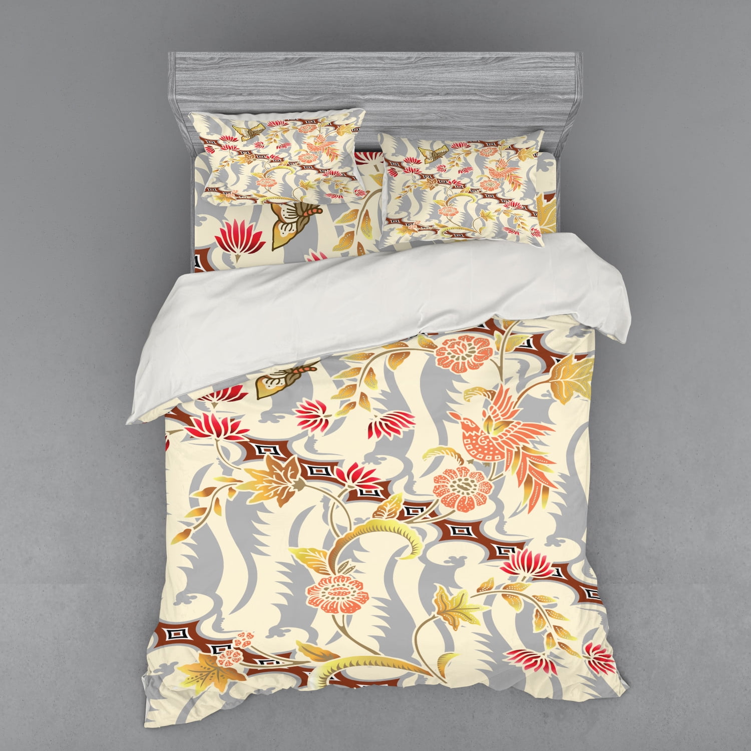 Batik Duvet Cover Set, Japanese Garden Inspired Swirling Spring Flowers