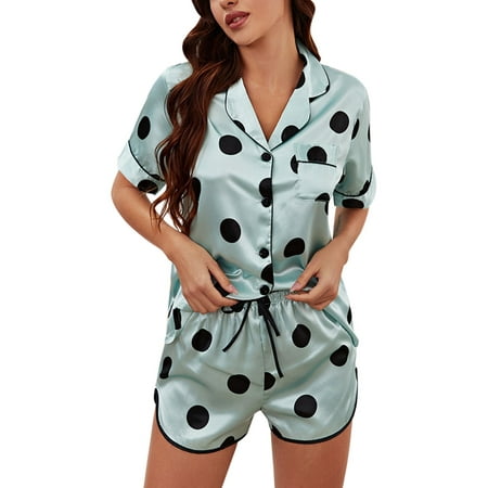 

Hwmodou Ladies Pajama Polka Dots Printed Cardigan Loose Silk Short Sleeved Shorts Set Home Wear Homewear Holiday For Woman