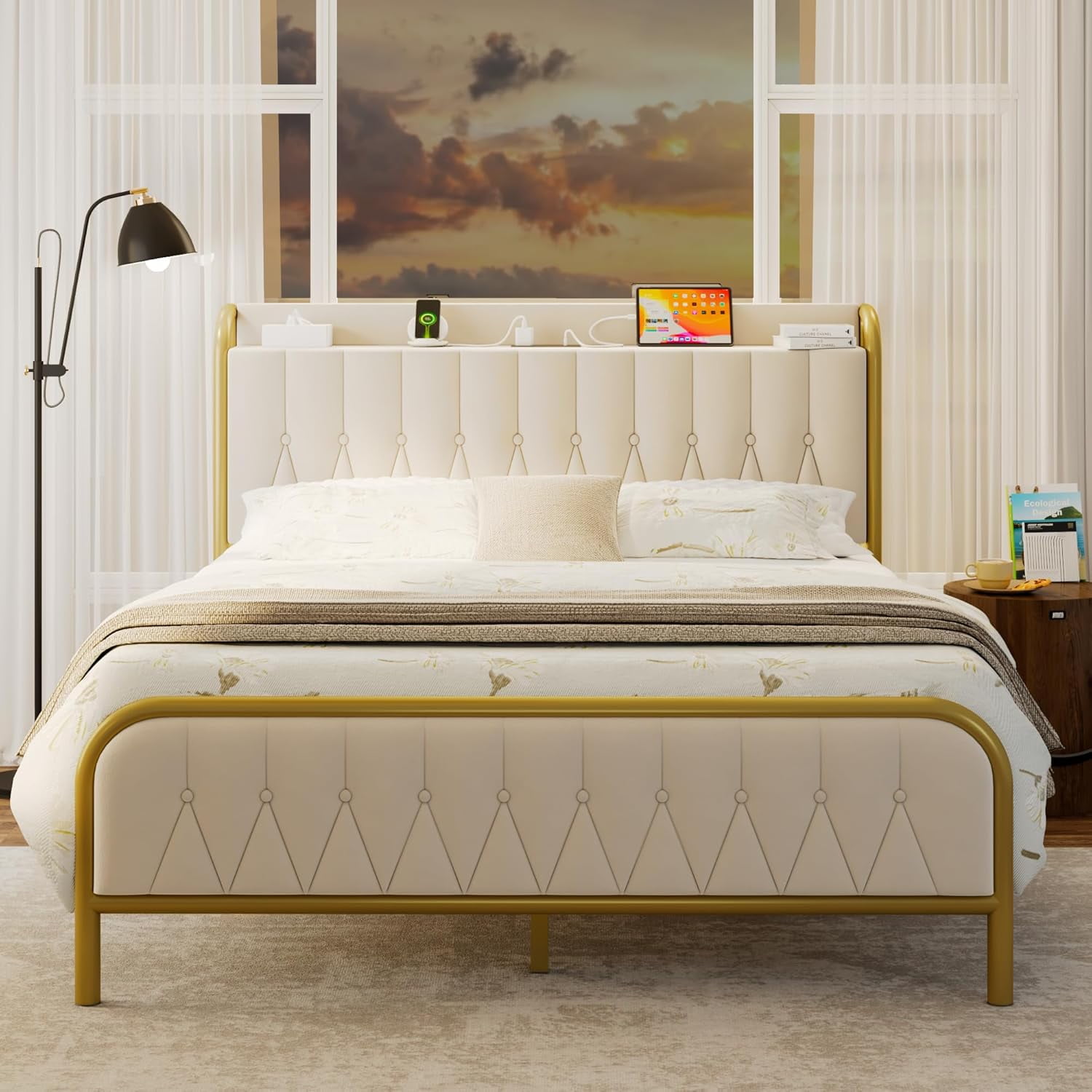 iPormis Full Bed Frame with  USB Ports,12" Underbed Storage Space,Metal Platform Bed, with Velvet Upholstered Headboard & Footboard, Beige