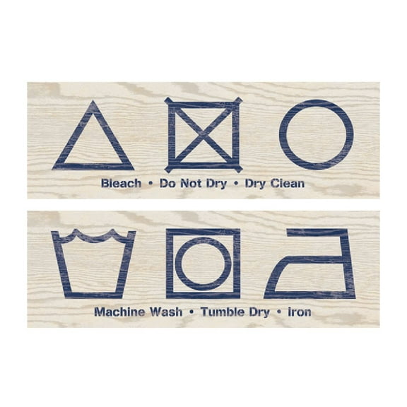 Popular Laundry Icon Signs; Machine Wash, Tumble Dry, Iron, Bleach, Do Not Dry, Dry Clean; Two 18x6in Prints