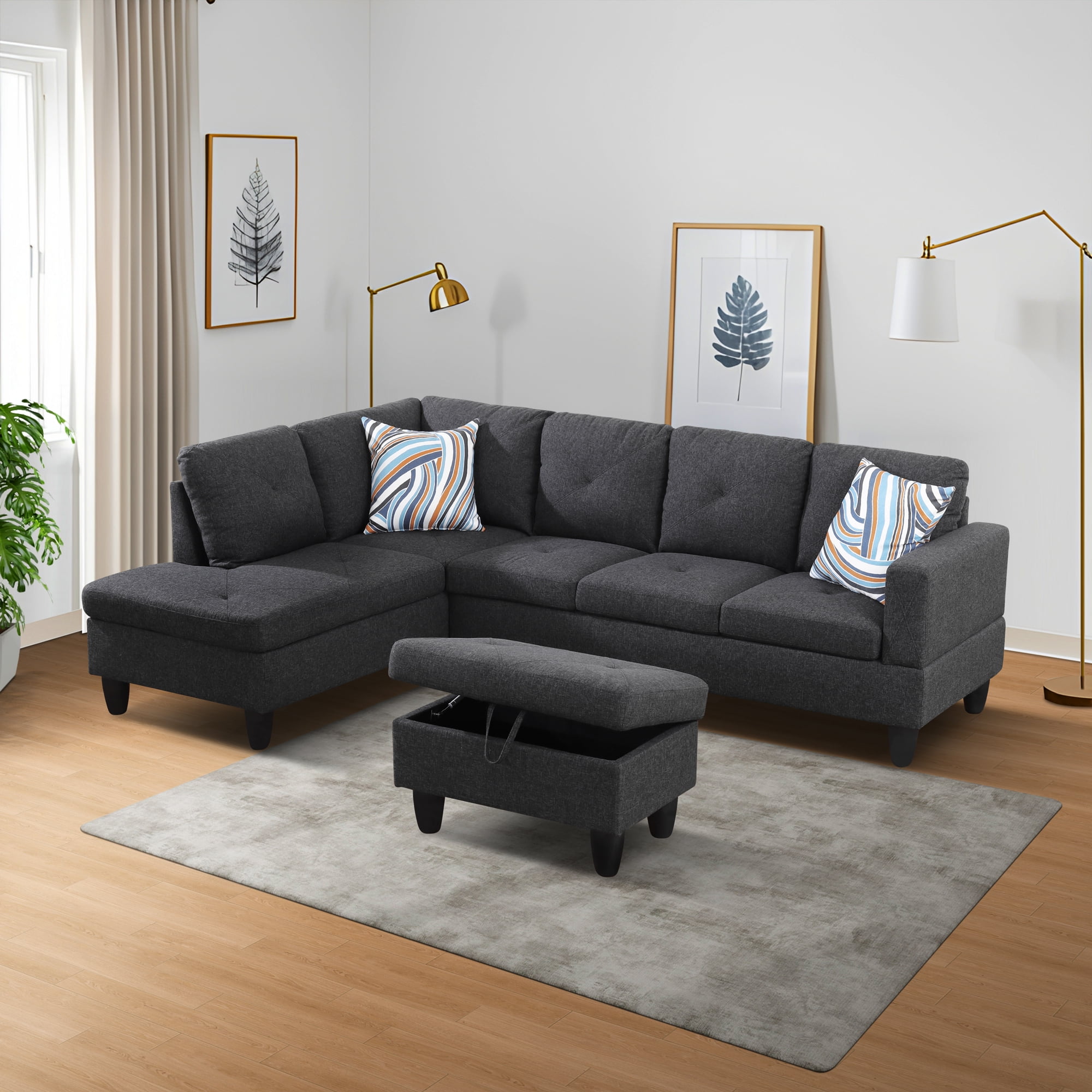 Prilinex L Shaped Couch Sectional Couches with Chaise and Storage Ottoman, 3 Pieces Modern Linen Sofa for Living Room Furniture Sets and Small Apartment ,Dark gray