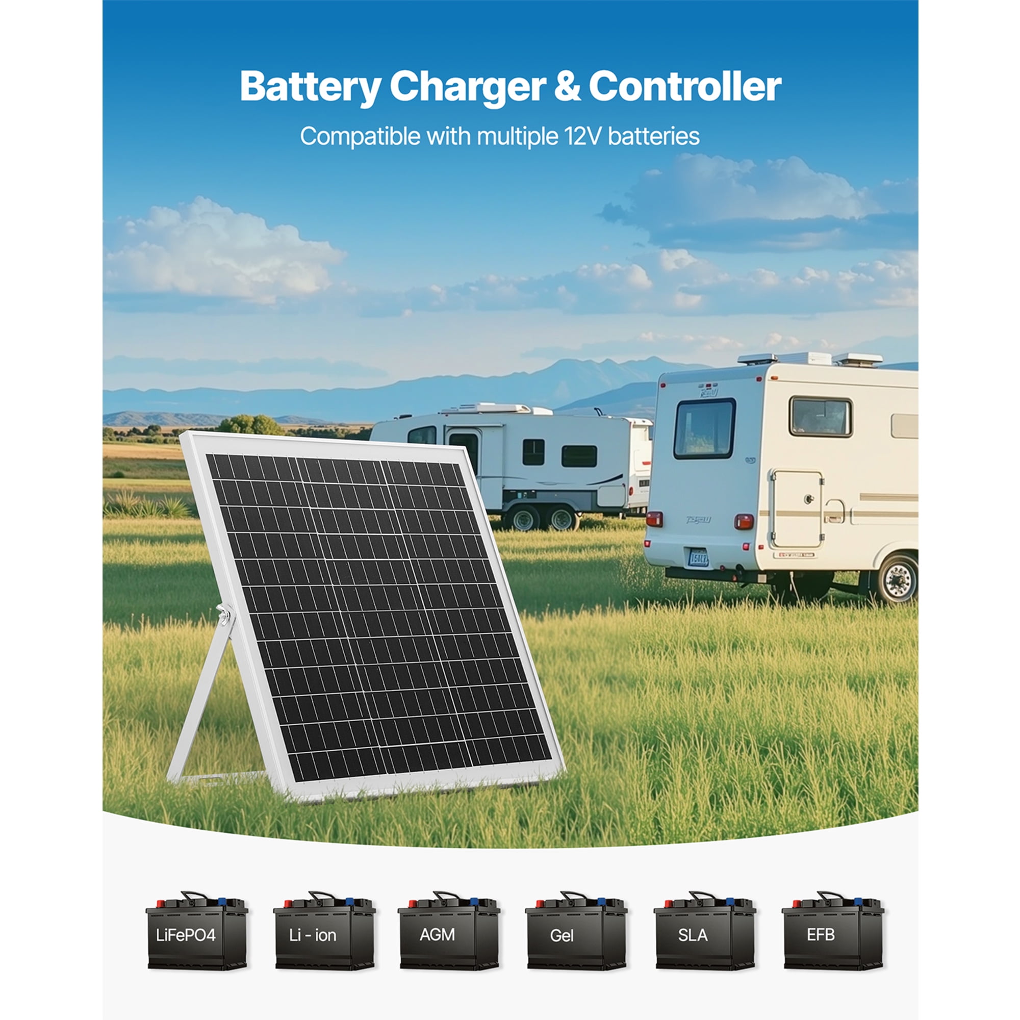 KFFKFF 20W 12V Solar Panel Charger, Solar Battery Maintainer with Smart MPPT Controller & Adjustable Mount, IP67 Waterproof for Cars, Boats, RVs, Motorcycles, and Trailers