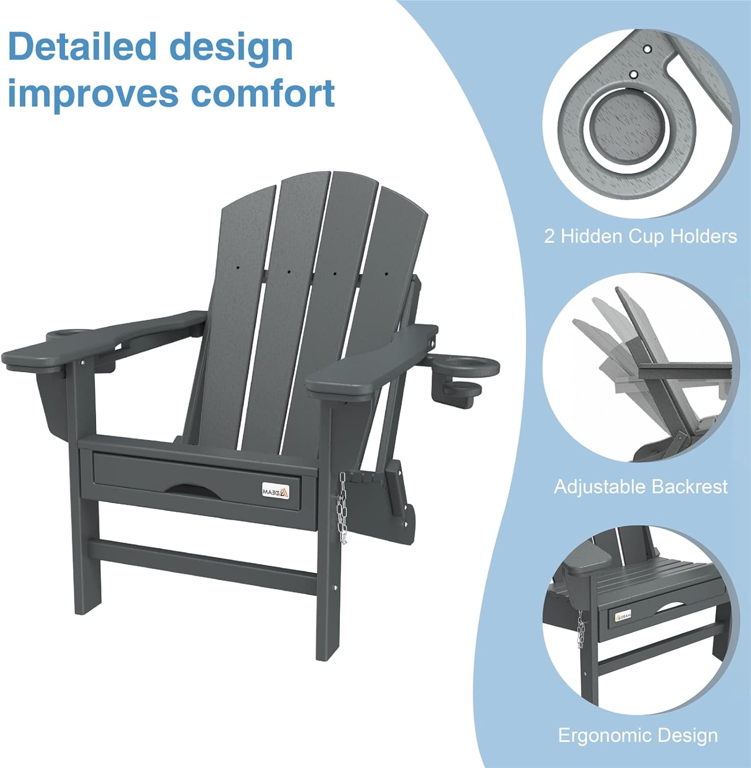 Erinnyees 3-Level Adjustable Adirondack Chair with Retractable Ottoman, HDPE All-Weather Folding Fire Pit Chair with 2 Cup Holders, Outdoor Chair for Deck Patio Garden Backyard Lawn