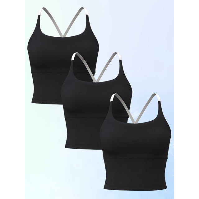 PISONIC 3pcs Women's Sports Bras with Built-In Padded Support - Medium-Stretch Fabric, Solid Color Design for Running, Cycling, Gym & Workouts - Workout Essentials, Sleek Sports Bra