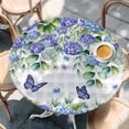 thumbnail image 2 of Purple Hydrangea Round Tablecloth, Fitted Table Cover with Elastic for 55"-60" Round Tables, Spring Eucalyptus Butterfly Grey Plaid Table Cloth Outdoor Indoor Dinning Party Waterproof Tablecloths, 2 of 7