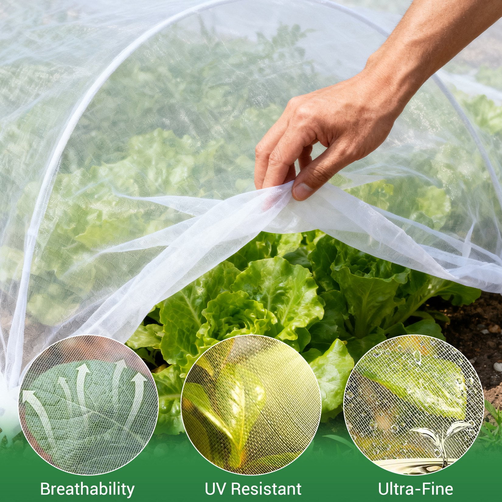 Sunvasagoo 80-Mesh Garden Netting 2-Pack, PE Resin Plant Cover, 3x10m + 3x15m
