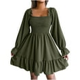 thumbnail image 1 of Robe Courte à Volants Froncée pour Femme, Encolure Carrée, Manches Longues Bouffantes, Robes d'Automne Décontractées, Fluides, Mignonnes, Ligne A, Boho, Robe Courte, 1 of 6