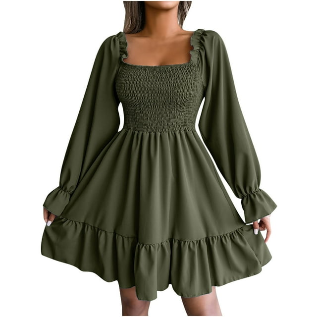 Robe Courte à Volants Froncée pour Femme, Encolure Carrée, Manches Longues Bouffantes, Robes d'Automne Décontractées, Fluides, Mignonnes, Ligne A, Boho, Robe Courte