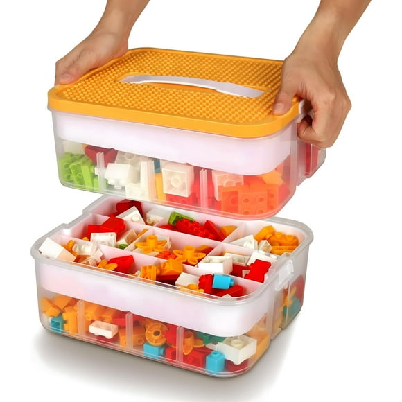 TRAHOO-Kids Toys Storage Organizer for Lego Clear Building Blocks Container Box with Baseplate Lids 2 Layers Stackable Playroom Organization Bin Portable Drawers Bricks Puzzle Board Craft Compartment