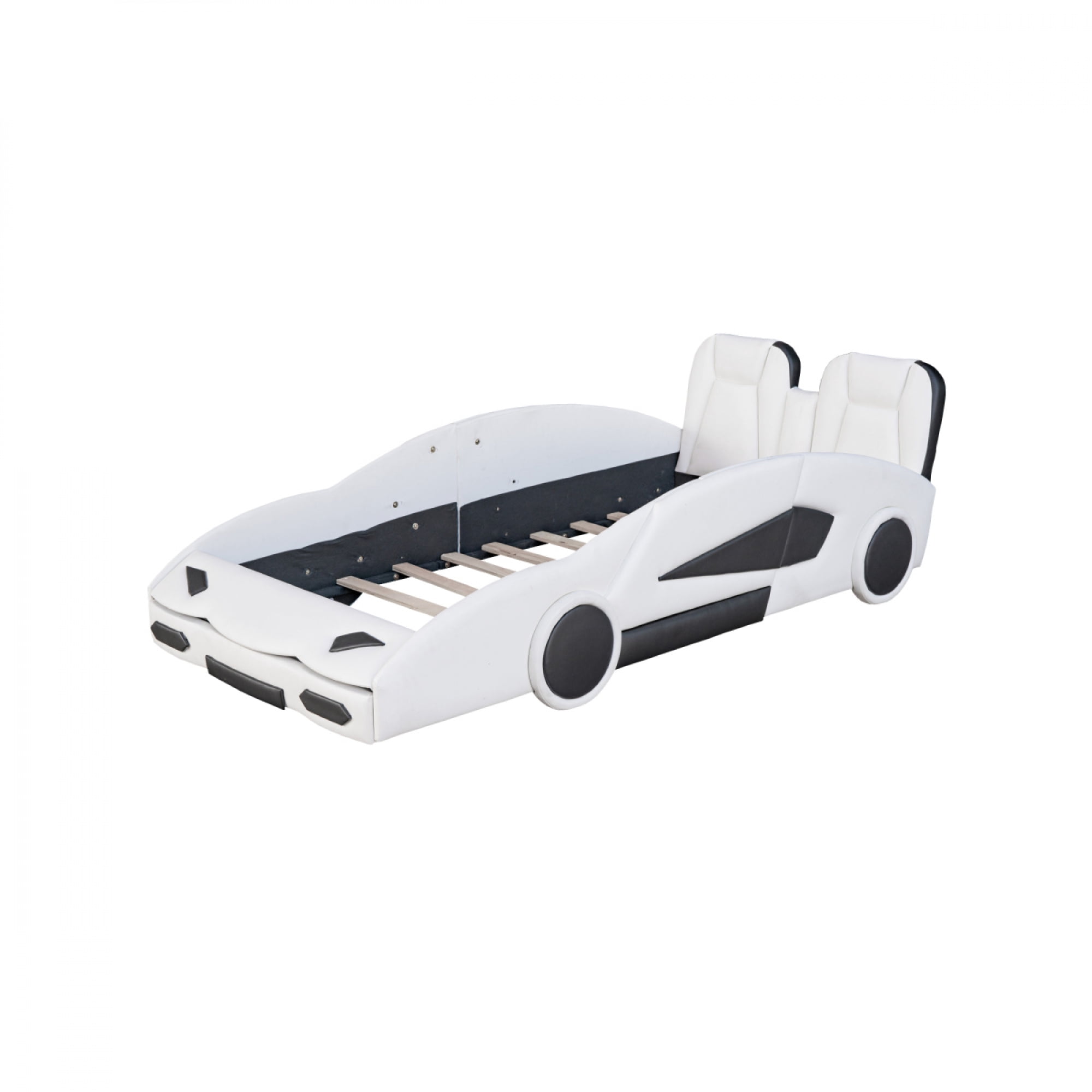 ChenyueFurn Twin Size Race Car-Shaped Platform Bed with Wheels for Kids, Wooden Bed Frame for Bedroom, No Box Spring Needed,White