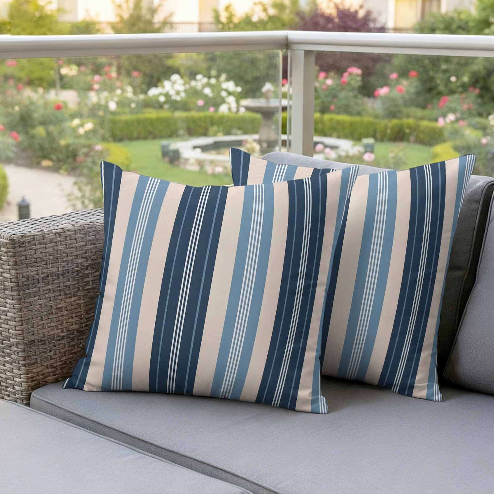 Blue Beige Striped Outdoor Waterproof Pillow Covers, Modern Stripes Art Farmhouse Decorative Square Throw Pillowcase Sofa Cushion Sham for Patio/Couch/Chair, 18"x18" 2 Pack