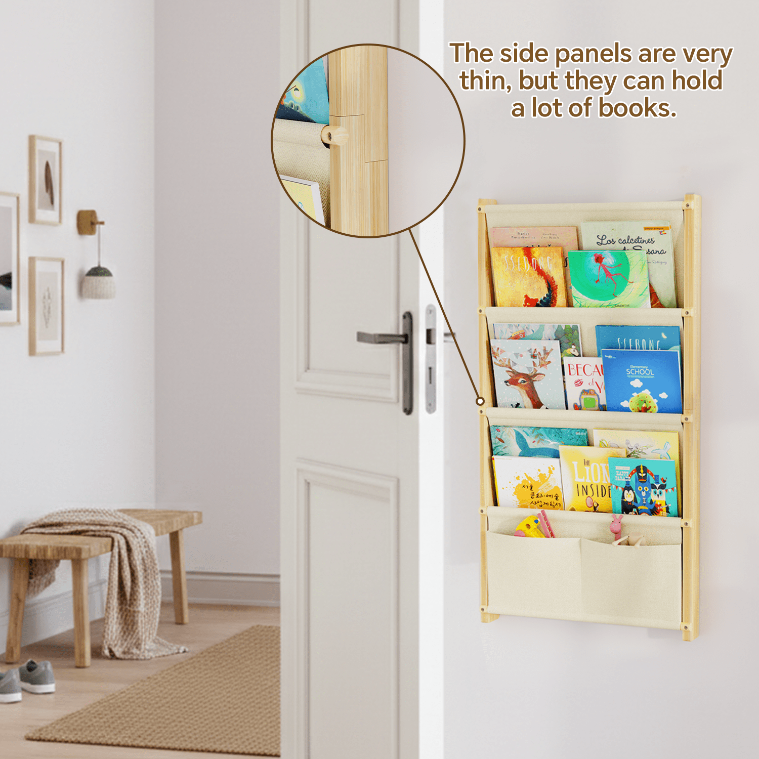 Wood 4-Tier Wall Mounted Kids Bookshelf – Floating Book Shelf for Kids Rooms, Nursery & Classroom, Hanging Bookcase Organizer for Books, Toddler Book Shelf, Montessori Bookshelf, Nursery Shelves