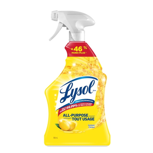 Lysol all-purpose cleaner trigger spray bottle in yellow with lemon scent, claims to kill 99.99% of viruses and bacteria, contains 950 mL