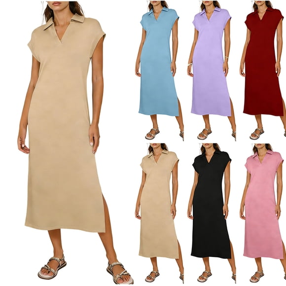 QIUOMBBP Casual Maxi Dresses for Women Cap Sleeve Collared V Neck Split Side Long Dress Summer Beach Vacation Sundress Wine S