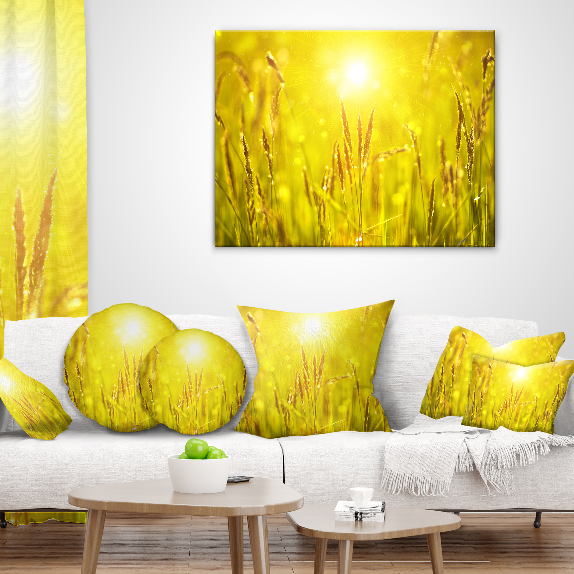 Designart Yellow Grass Flower at Sunset - Landscape Printed Throw Pillow - 12x20