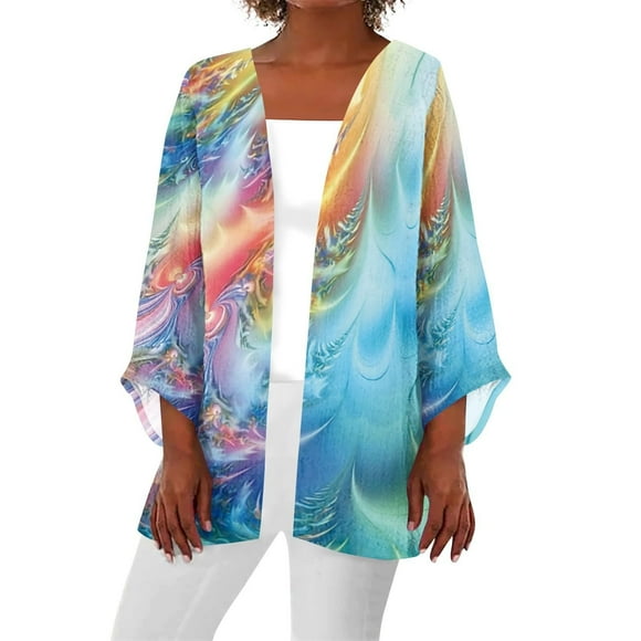 Alitao Womens Cardigan Long Sleeve Shirts Women 2025 Retro Print 3/4 Sleeve Cardigans Lightweight Blouse Tops Coat Casual Duster Jackets Lightweight Cardigans Womens Blouses Gray XL
