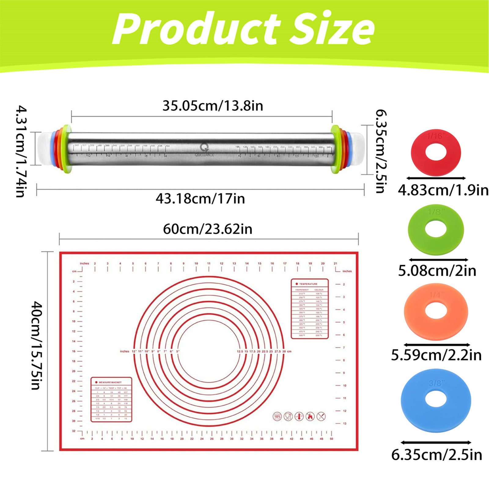 FURNIX 17-Inch Adjustable Rolling Pin,Silicone Baking Mat,430 Stainless Steel Dough Roller,Uniform Thickness Rings,Non-Slip Heat-Resistant Mat,Dishwasher-Safe Baking Tool