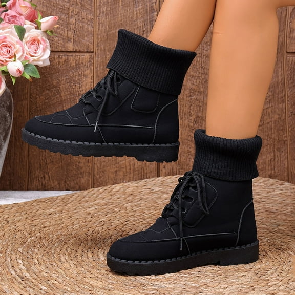 Wowcloth Woman's Casual Boots, Contrast Panel Design with Round Toe and Lace-Up Closure, Mid-Calf Winter Boots with Warm Knit Cuff for Daily Wear and Winter Outfits