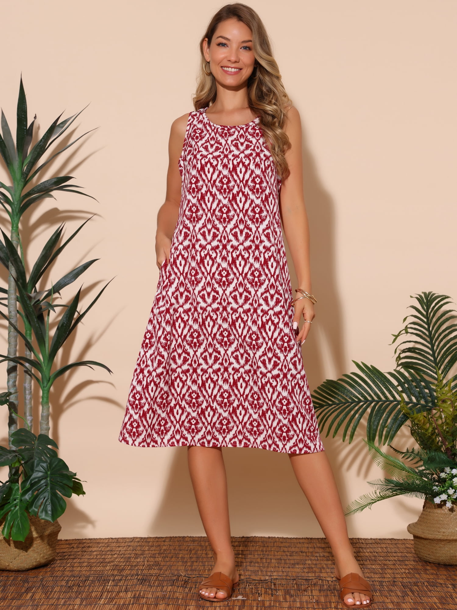DARING DIVA Sleeveless Crewneck Print Midi Tank Dress S Red