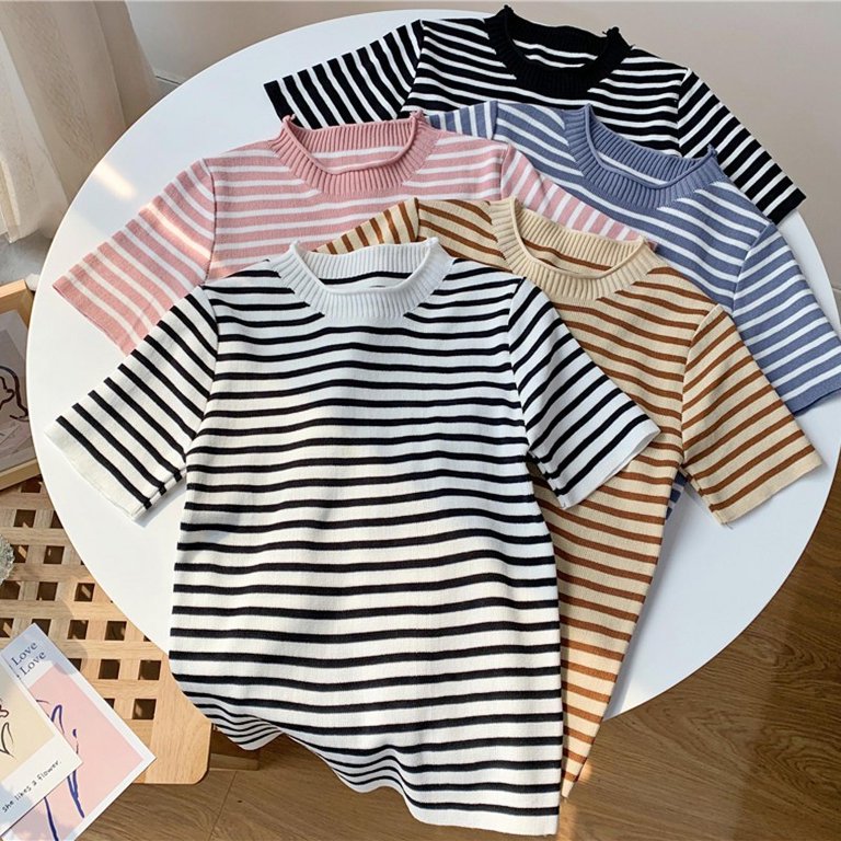 韓国発【JUSTYOUNG】BN Vintage Stripe Short Sleeve Tee/2color New Korean Women's Vintage Contrast Color Stripe Short