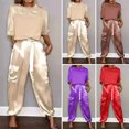 thumbnail image 2 of Quixlent 2 Pcs/Set Women Top Pants Suit Satin Smooth Surface Half Sleeves O Neck Loose T-shirt Lace-up Pure Color Trouser with Pockets Lady Casual Pantsuit, 2 of 8