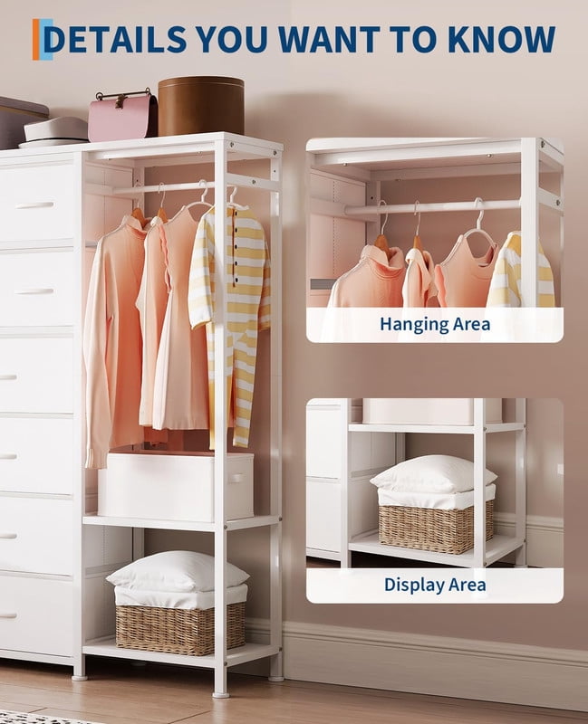 TROPOW Tall Dresser for Bedroom, Fabric Dressers with 16 Drawers & Clothes Rack & 2 Storage Shelves, PU Closet Dresser with Hanging Space, Large Chests of Drawers