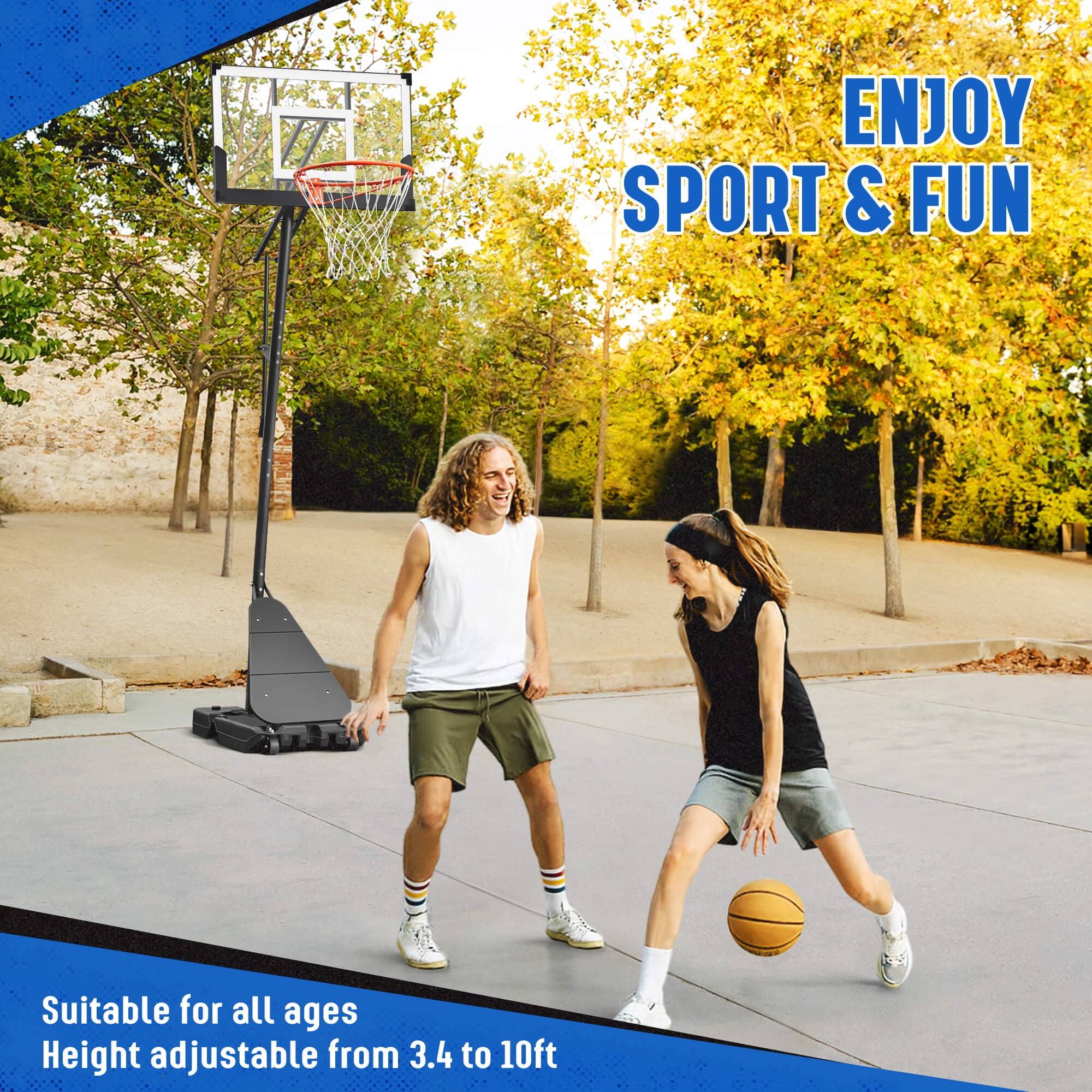 SERAY Adjustable Basketball Hoop 3.4-10 Feet, Portable Basketball Goal with 40 Inch Shatterproof Backboard & Wheels, Indoor/Outdoor Basketball System for Kids, Teens & Adults