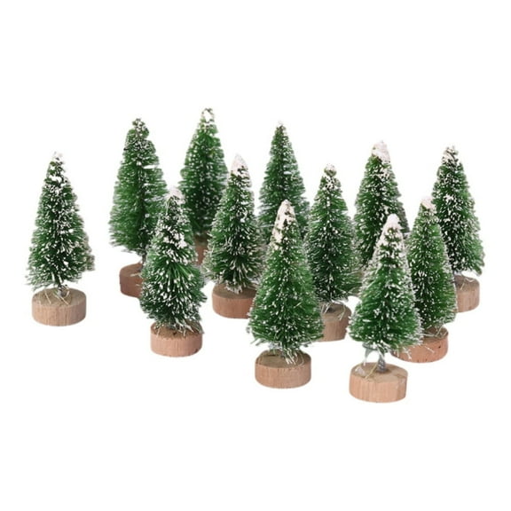 12pcs Mini Christmas Tree Bottle Brush Trees Chrismas Village Trees Ornaments Mini Plastic Christmas Trees with Wooden Base for Christmas Decoration Miniature Chrismas Tree