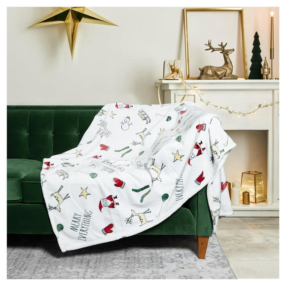 Rae Dunn Throw Blanket- Soft, Decorative Blankets for Bed or Couch, Cozy Throws for Sofa, Soft Plush Throw Embroidered Merry Everything, 50 inches x 70 inches