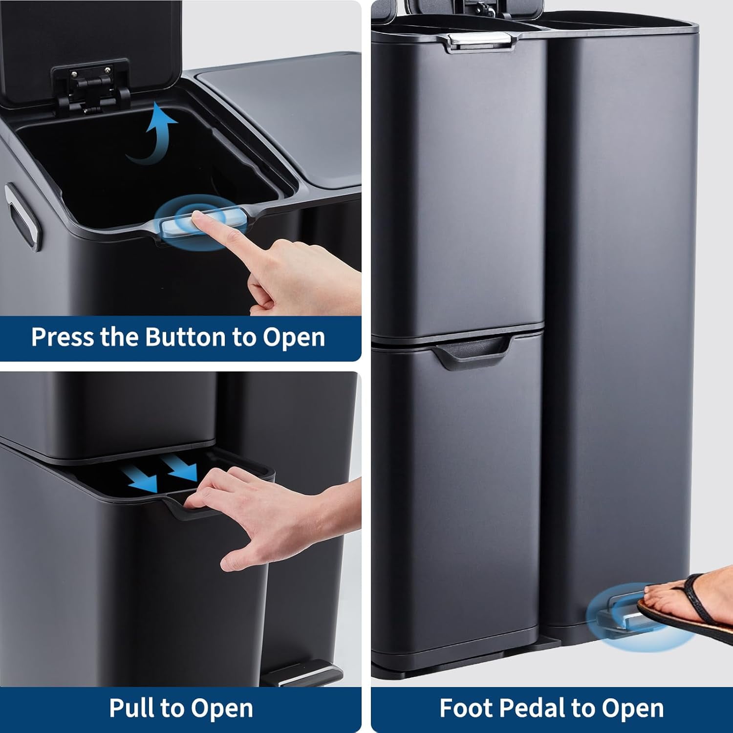 16 Gal Kitchen Triple Compartment Trash Can，Stainless Steel Garbage Can with Soft-Close Lid and Foot Pedal,for Recycling and Waste for Bathroom Home Office,Black